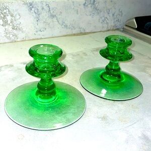 Fostoria Uranium Green Matching Pair of 2 Depression Glass Candlestick Holders